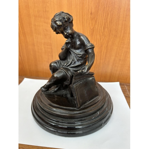 95 - Auguste Moreau Paris Bronze Figurine of Boy on Wooden Base