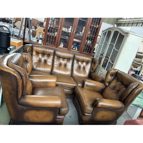 17 - Brown Cow Leather Chesterfield Sofa Set, 3-Seat Sofa and 2 Armchairs From 1970's Very Good Condition