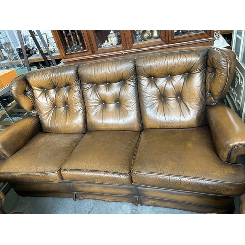 17 - Brown Cow Leather Chesterfield Sofa Set, 3-Seat Sofa and 2 Armchairs From 1970's Very Good Condition