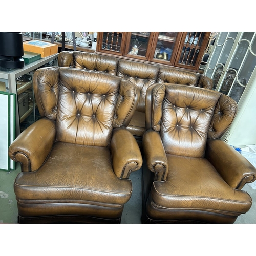 17 - Brown Cow Leather Chesterfield Sofa Set, 3-Seat Sofa and 2 Armchairs From 1970's Very Good Condition