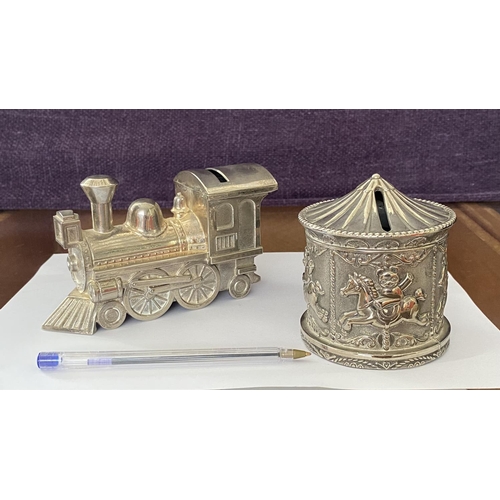 15 - Vintage Silver Plated Circus Carousel Coin Bank/Piggy Bank Together with Train Engine Coin Piggy Ban... 