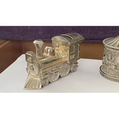 15 - Vintage Silver Plated Circus Carousel Coin Bank/Piggy Bank Together with Train Engine Coin Piggy Ban... 