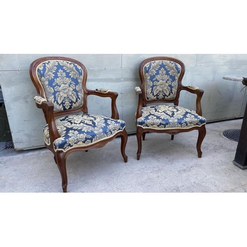 46 - Mid Century English Oak Large Lounge Chairs Upholstered in Blue Damask Fabric and Extra Cover for Pr... 