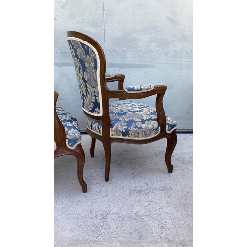 46 - Mid Century English Oak Large Lounge Chairs Upholstered in Blue Damask Fabric and Extra Cover for Pr... 