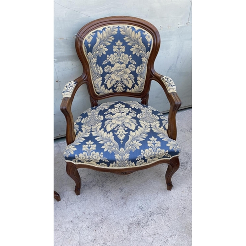 46 - Mid Century English Oak Large Lounge Chairs Upholstered in Blue Damask Fabric and Extra Cover for Pr... 