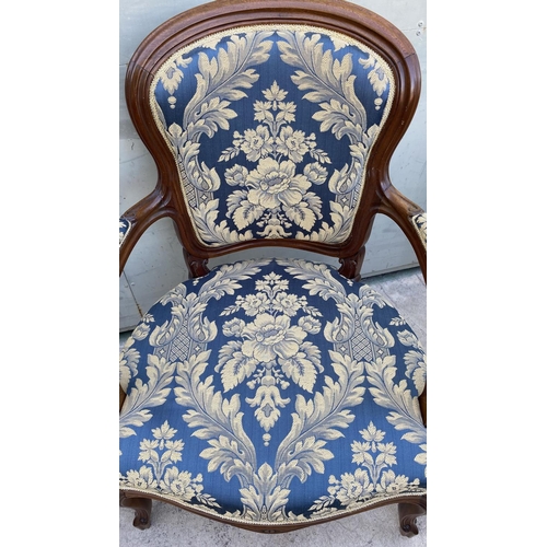 46 - Mid Century English Oak Large Lounge Chairs Upholstered in Blue Damask Fabric and Extra Cover for Pr... 