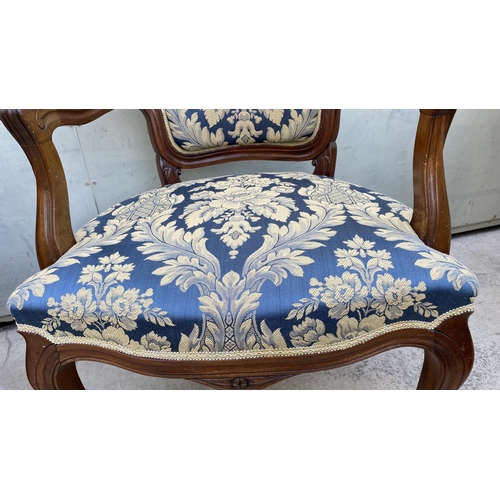 46 - Mid Century English Oak Large Lounge Chairs Upholstered in Blue Damask Fabric and Extra Cover for Pr... 