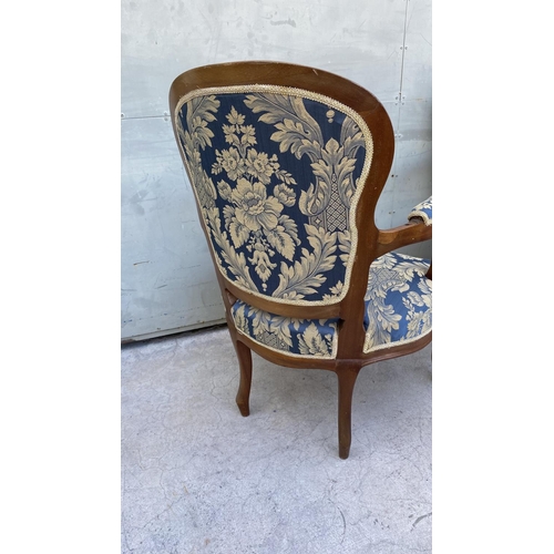 46 - Mid Century English Oak Large Lounge Chairs Upholstered in Blue Damask Fabric and Extra Cover for Pr... 