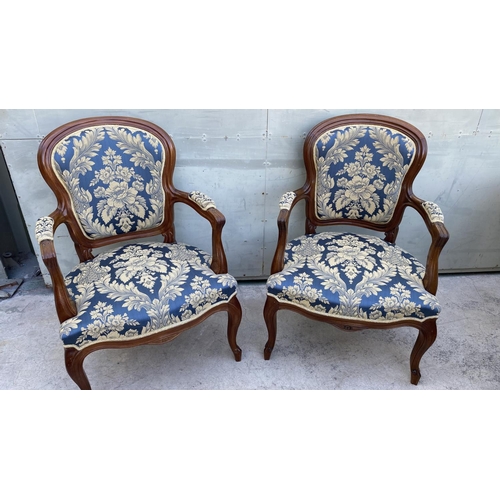 47 - Mid Century English Oak Large Lounge Chairs Upholstered in Blue Damask Fabric and Extra Cover for Pr... 