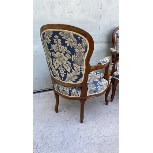 47 - Mid Century English Oak Large Lounge Chairs Upholstered in Blue Damask Fabric and Extra Cover for Pr... 