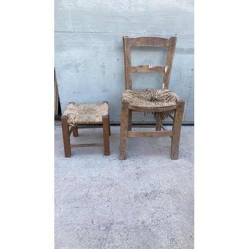 53 - Vintage Traditional Hand Made Coffee Shop Woven Chair and Stool (A/F - For Restoration)