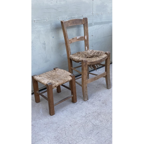 53 - Vintage Traditional Hand Made Coffee Shop Woven Chair and Stool (A/F - For Restoration)