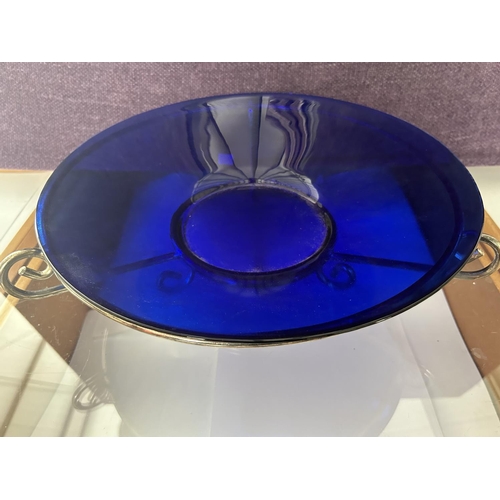 192 - Rare Vintage Blue Glass Bowl with Metal Spiral Ends Stand, Center Piece