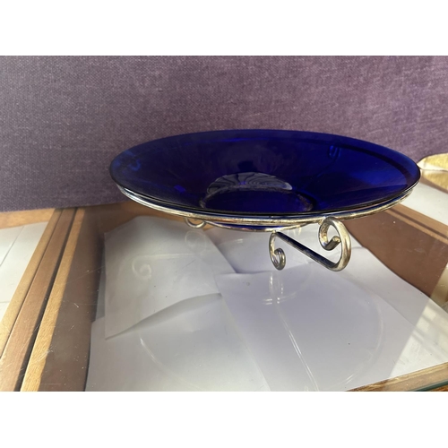 192 - Rare Vintage Blue Glass Bowl with Metal Spiral Ends Stand, Center Piece