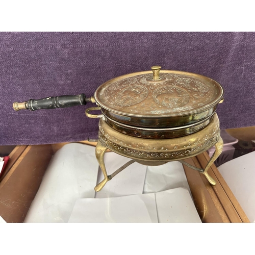 2 - Vintage Large Middle Eastern Brass 3 Piece Chafing Dish with Wood Handle