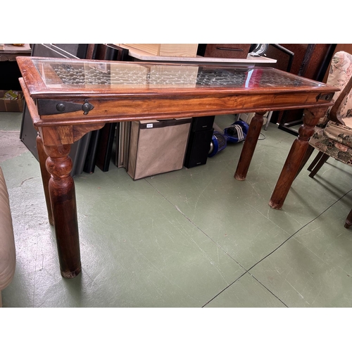 36 - Antique Style Solid Teak Wood Glass Top Console/Entrance Table with Under Glass Decoration (135 W. x... 