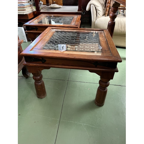 37 - x2 Antique Style Solid Teak Wood Glass Top Square Side Tables with Under Glass Decoration (60 W. x 6... 