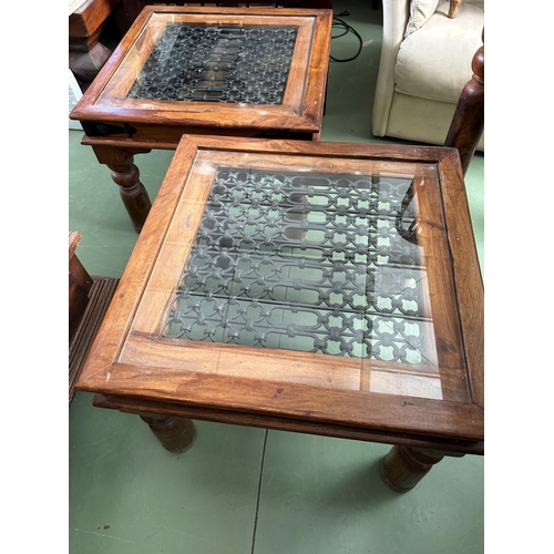 37 - x2 Antique Style Solid Teak Wood Glass Top Square Side Tables with Under Glass Decoration (60 W. x 6... 