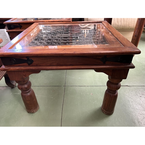 37 - x2 Antique Style Solid Teak Wood Glass Top Square Side Tables with Under Glass Decoration (60 W. x 6... 