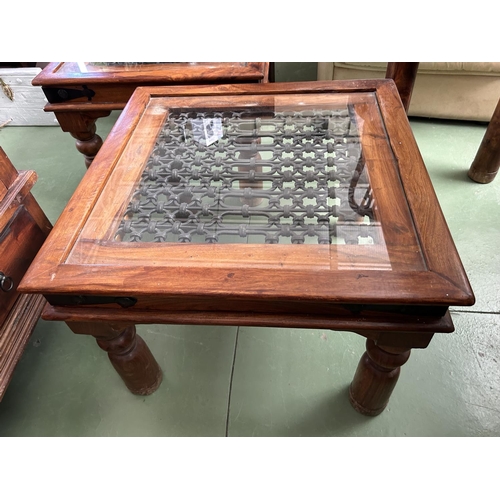 37 - x2 Antique Style Solid Teak Wood Glass Top Square Side Tables with Under Glass Decoration (60 W. x 6... 