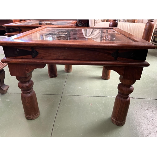 37 - x2 Antique Style Solid Teak Wood Glass Top Square Side Tables with Under Glass Decoration (60 W. x 6... 