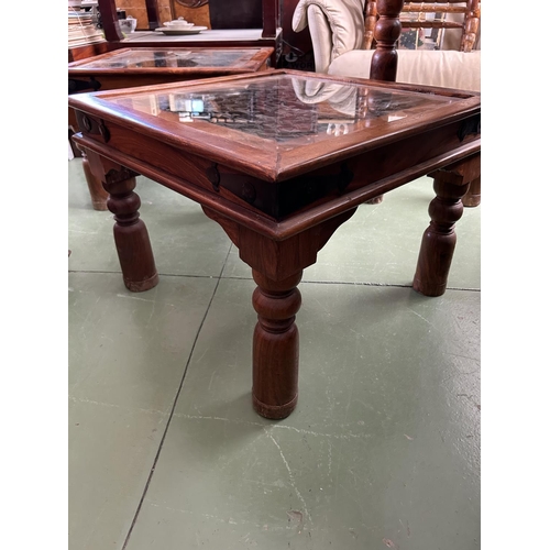 37 - x2 Antique Style Solid Teak Wood Glass Top Square Side Tables with Under Glass Decoration (60 W. x 6... 