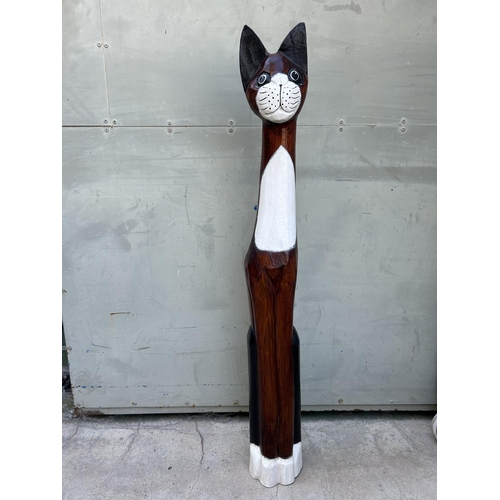 43 - Tall Hand Carved Wooden Standing Cat Ornament Artwork (100cm H.)