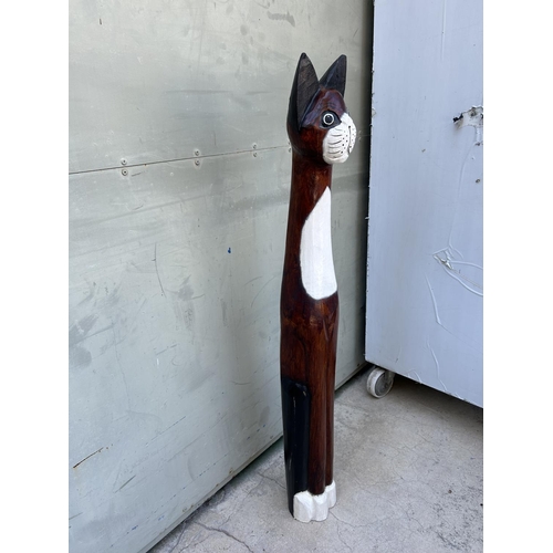 43 - Tall Hand Carved Wooden Standing Cat Ornament Artwork (100cm H.)