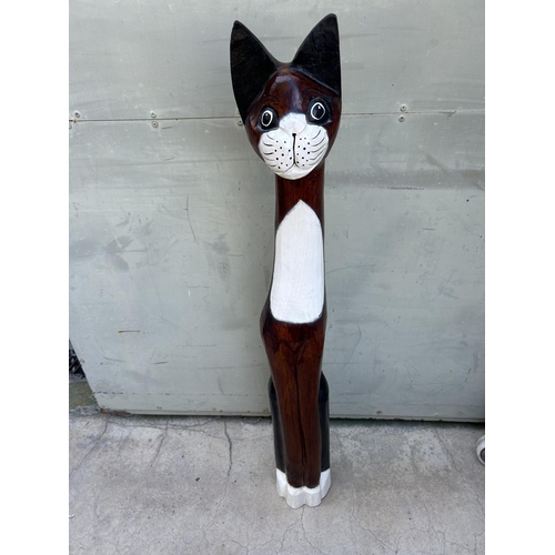 43 - Tall Hand Carved Wooden Standing Cat Ornament Artwork (100cm H.)