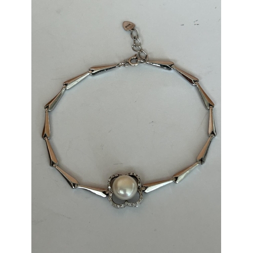 83 - Real Pearl and Zirconia Silver 925 Hallmarked Bracelet