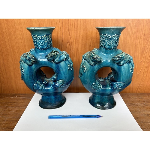 86 - Pair of Circular Antique Vases in Turquoise Blue enameled, with Relief Decoration of Two Dragons - T... 