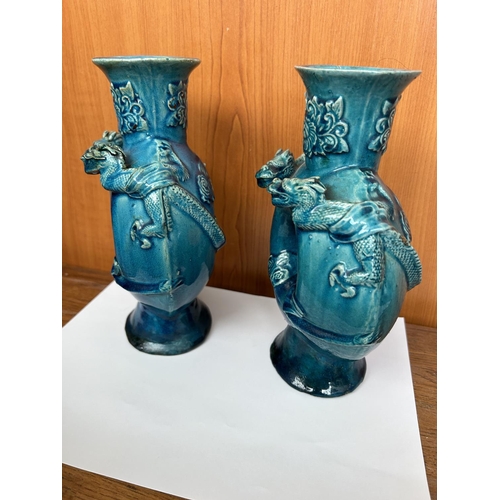 86 - Pair of Circular Antique Vases in Turquoise Blue enameled, with Relief Decoration of Two Dragons - T... 