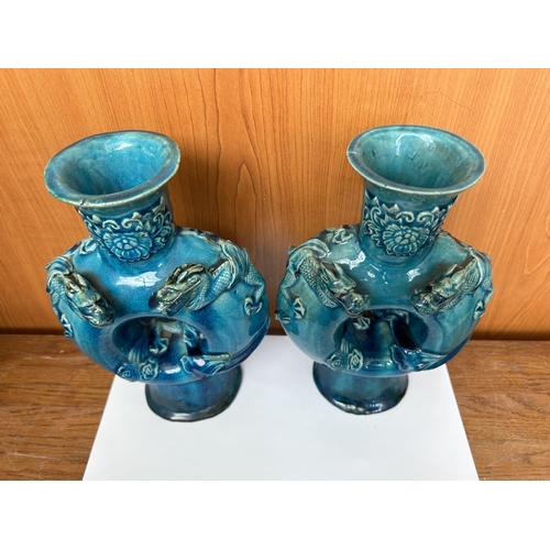 86 - Pair of Circular Antique Vases in Turquoise Blue enameled, with Relief Decoration of Two Dragons - T... 