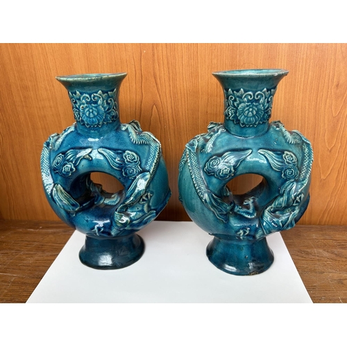 86 - Pair of Circular Antique Vases in Turquoise Blue enameled, with Relief Decoration of Two Dragons - T... 