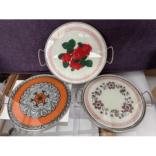 131 - x3 Art Deco Style Round Porcelain and Metal Serving Trays