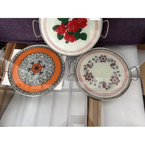 131 - x3 Art Deco Style Round Porcelain and Metal Serving Trays