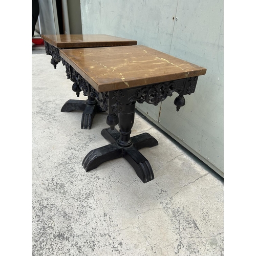 149 - x2 Small Marble Top Hand Crafted Wooden Side Tables (Need Attention)