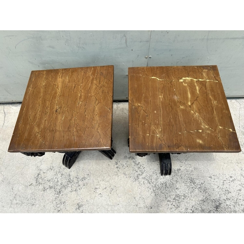 149 - x2 Small Marble Top Hand Crafted Wooden Side Tables (Need Attention)