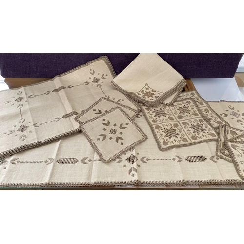 194 - Qty of Traditional Cypriot Handmade Lefkaritika Linen Embroideries with Beige and Brown Design Incl.... 