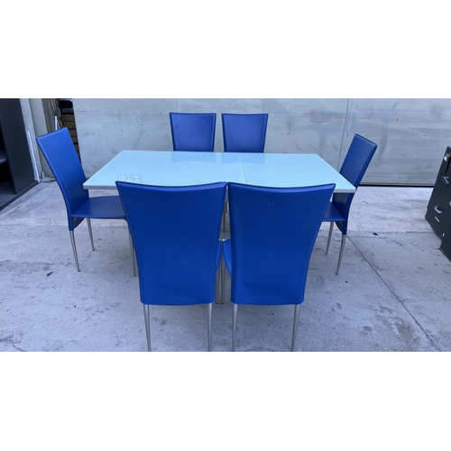 208 - Calligaris Tempered Glass Top Modern Extendable 
 Dining/Kitchen Table with 6 Blue Electric Leather ... 