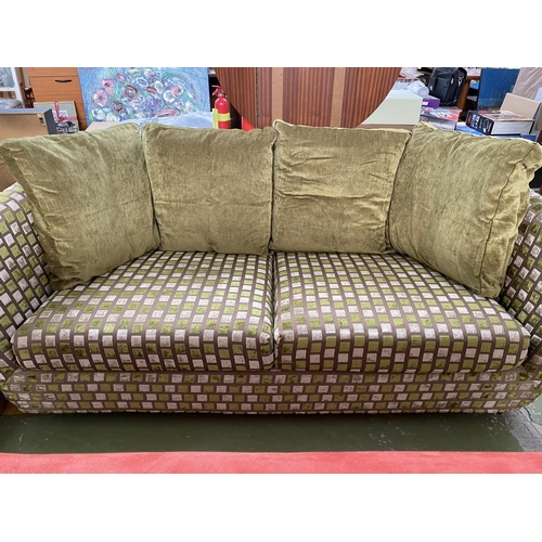 498 - Large 2-Seat Sofa Freshly Upholstered in Checkered Velour Fabric with Extra Covers