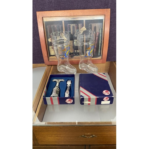 542 - Bottle Opener Set Together with 2 Glass Beer Pint Boots and Large Wooden Tray