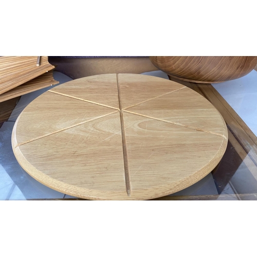 104 - Japanese Wood Folding Basket Together with Round Wooden Pizza Cutting Board and Large Salad Bowl wit... 