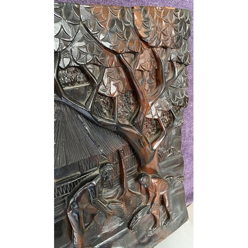 11 - Kamagong Wood Panel with Relief Carving Depicting Rural Scene (29 x 41cm)