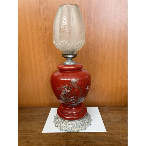 134 - Large Red Glass Floral Table Lamp (55cm H. - Needs Re-wiring)