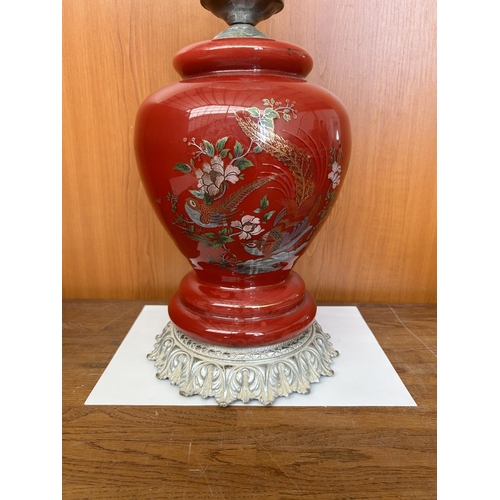 134 - Large Red Glass Floral Table Lamp (55cm H. - Needs Re-wiring)