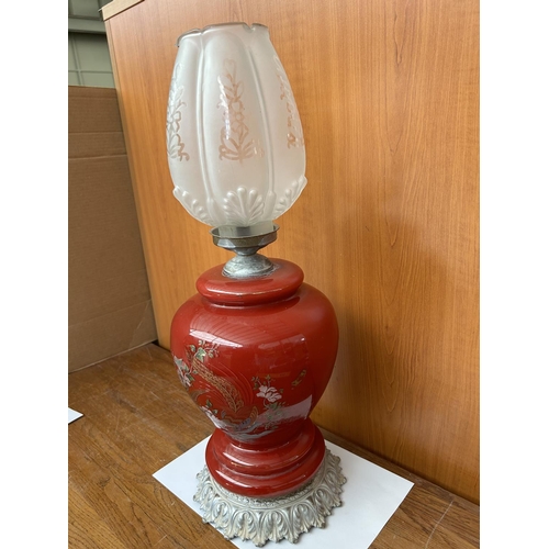 134 - Large Red Glass Floral Table Lamp (55cm H. - Needs Re-wiring)