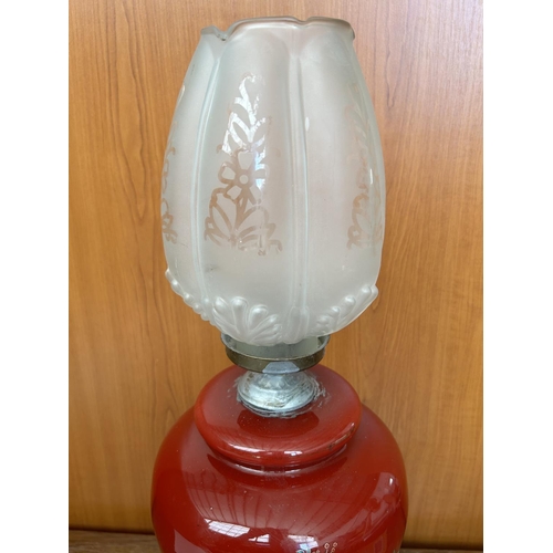 134 - Large Red Glass Floral Table Lamp (55cm H. - Needs Re-wiring)