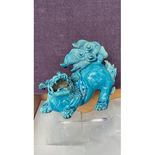 138 - Mid-Century Large Turquoise Chinese Ceramic Foo Dog Figure (Minor Defects as in Picture)