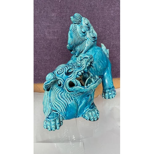 138 - Mid-Century Large Turquoise Chinese Ceramic Foo Dog Figure (Minor Defects as in Picture)